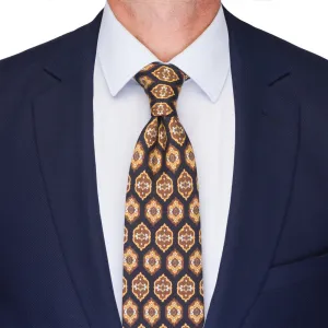 Black and Brown Medallion Motif Twill Silk Tie