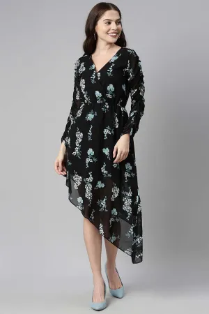 Black Polyester Floral Printed Midi Dress