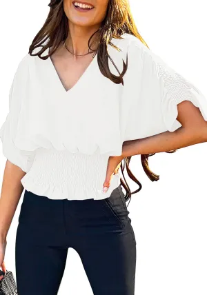 Brilliant White Women's Ruffle Sleeve V Neck Button Down Blouse Shirt Casual Work