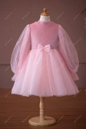 Candy Pink Velvet Dot Tulle Tea Length Flower Girl Dress