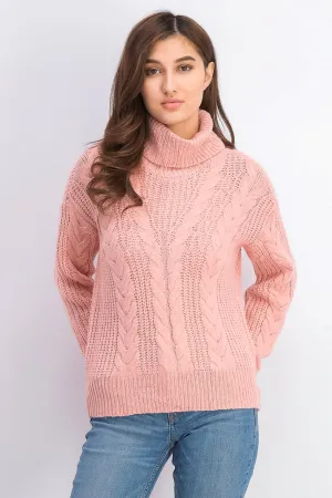 Crave Fame Juniors' Turtleneck Cable Knit Sweater Pink Size Large