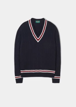 Grafton Men's Merino Wool Cable Cricket Jumper In Dark Navy - Regular Fit