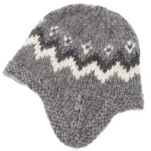 Handknit Wool Hat with ear flaps  - Grey / White