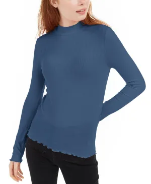 Hippie Rose Juniors' Ribbed Mock-Neck Top Blue Size Medium