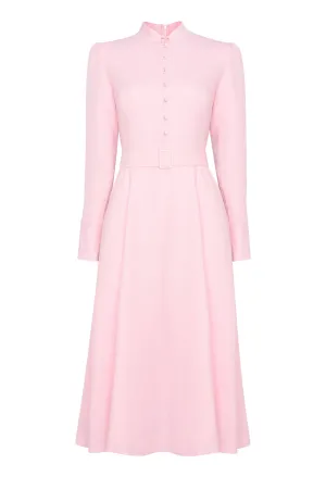 Long Sleeved Midi Dress in Pale Pink Wool Crepe Cady - Cleo