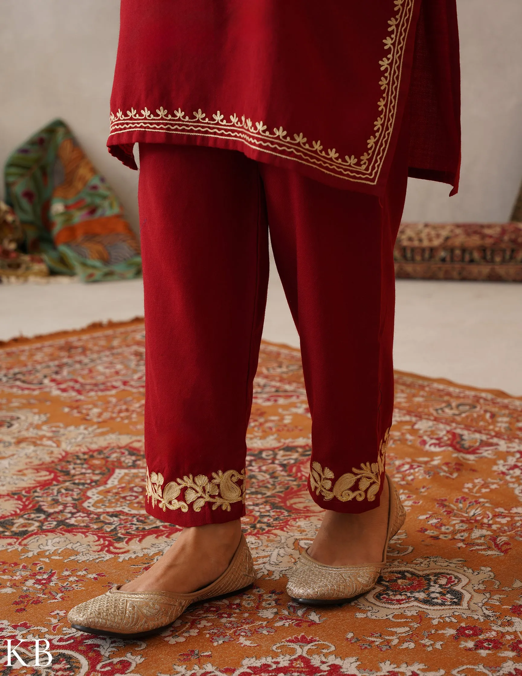 meHER Maroon Red Kashmiri Aari Outlined Zari Woollen Co-ord Set