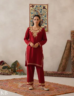 meHER Maroon Red Kashmiri Aari Outlined Zari Woollen Co-ord Set