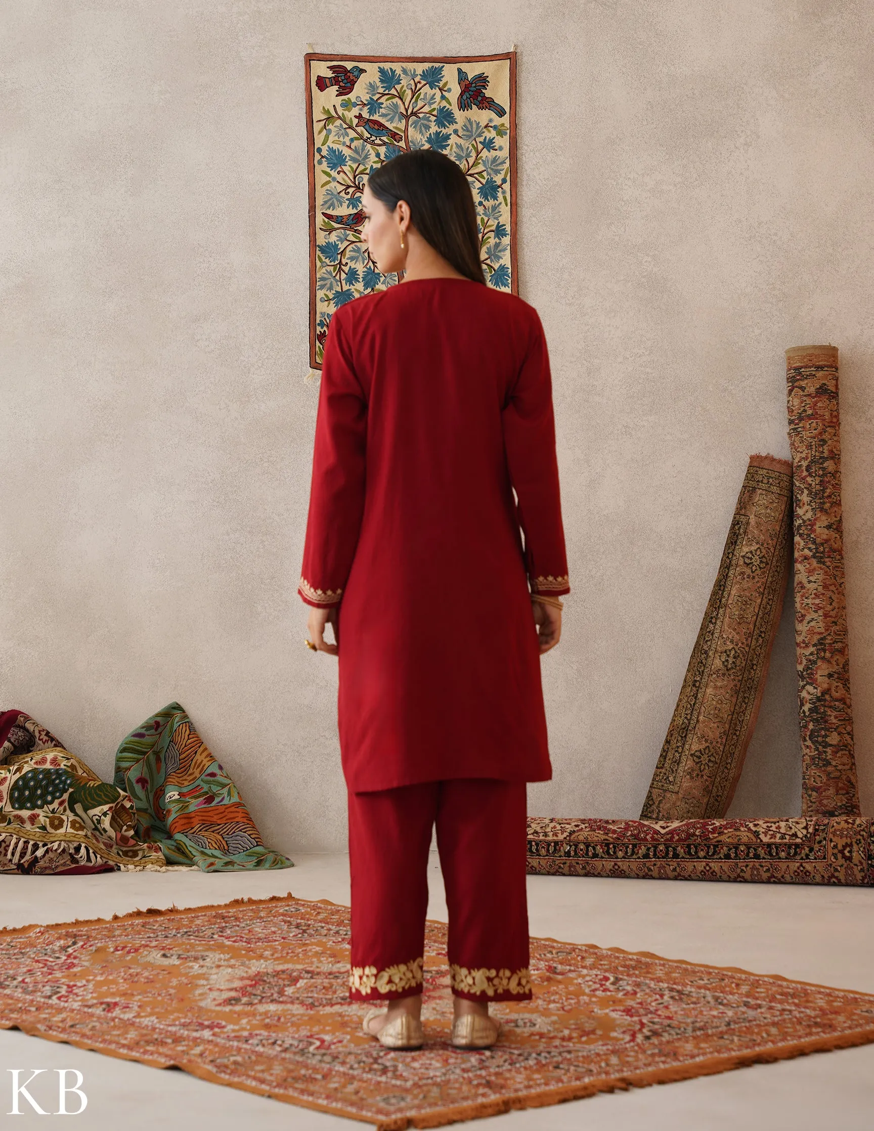 meHER Maroon Red Kashmiri Aari Outlined Zari Woollen Co-ord Set