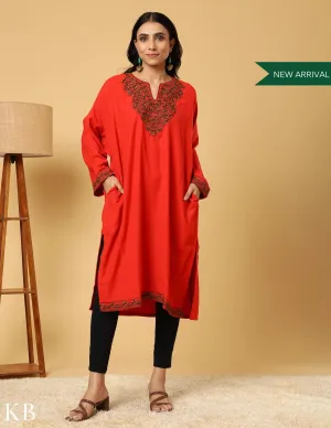 Ruby Red Sozni Embroidered Acrylic Wool Phiran