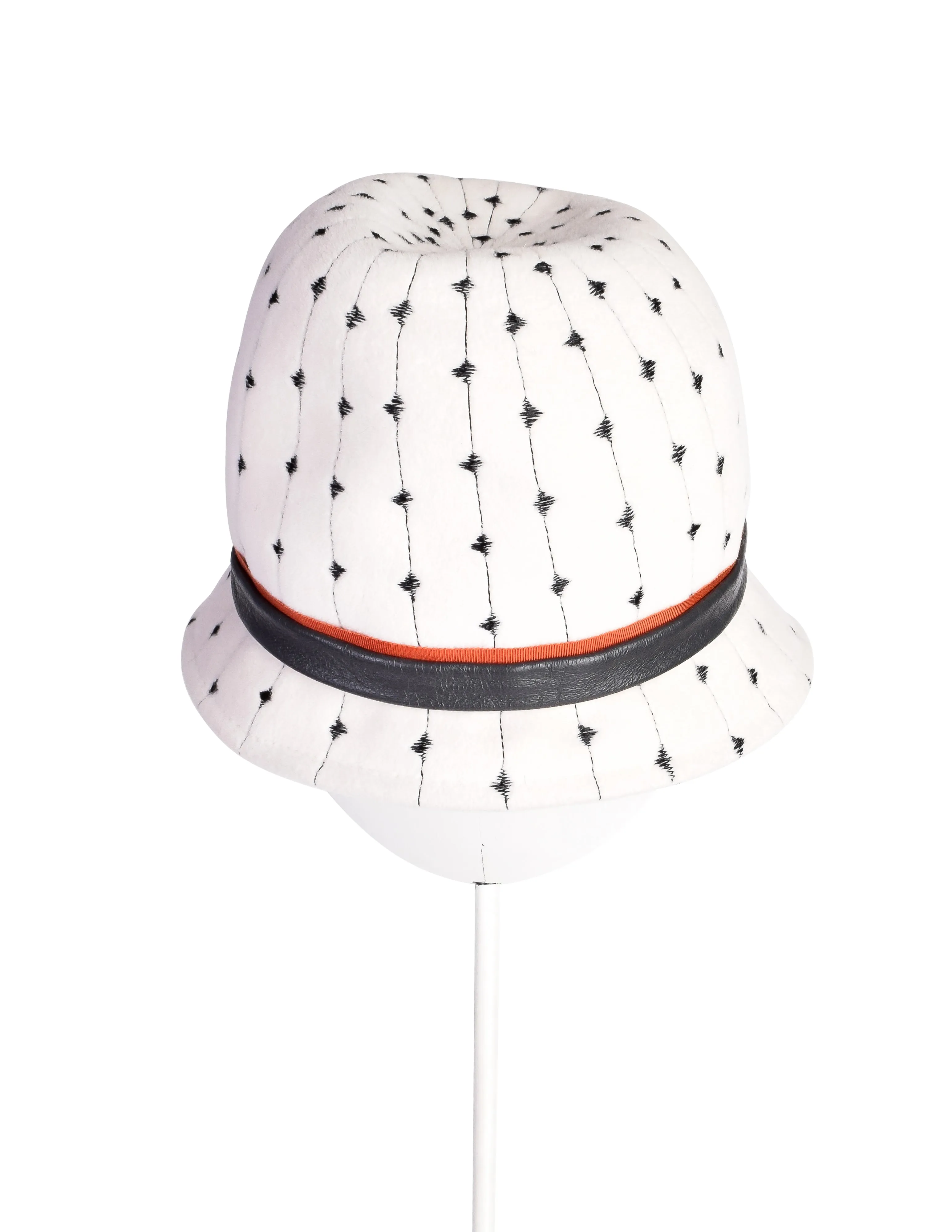 Schiaparelli Vintage Off White and Black Embroidered Wool Leather Hat