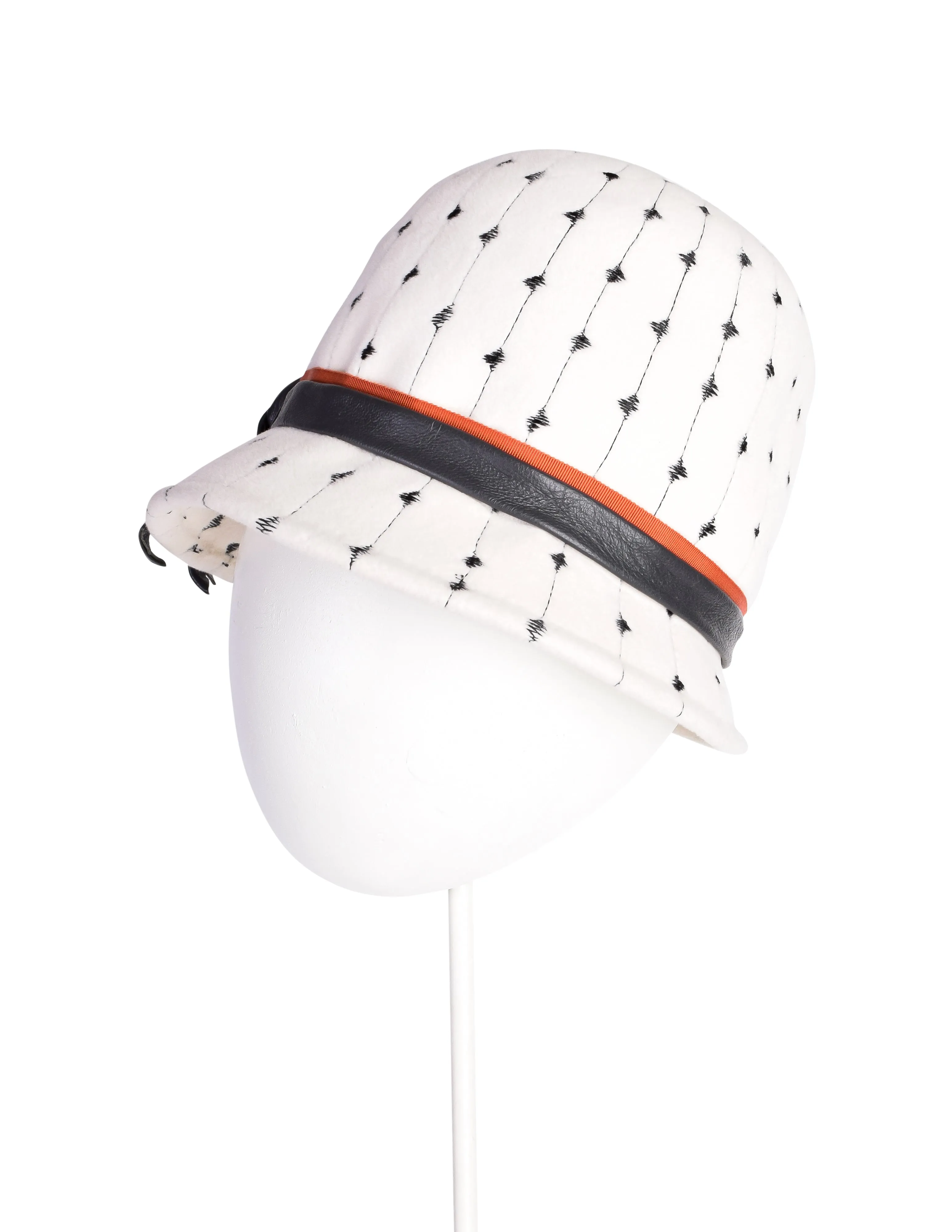 Schiaparelli Vintage Off White and Black Embroidered Wool Leather Hat