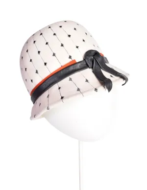 Schiaparelli Vintage Off White and Black Embroidered Wool Leather Hat