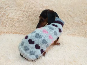 Size L sweater with hearts for a dog, dachshund sweater knitted with hearts