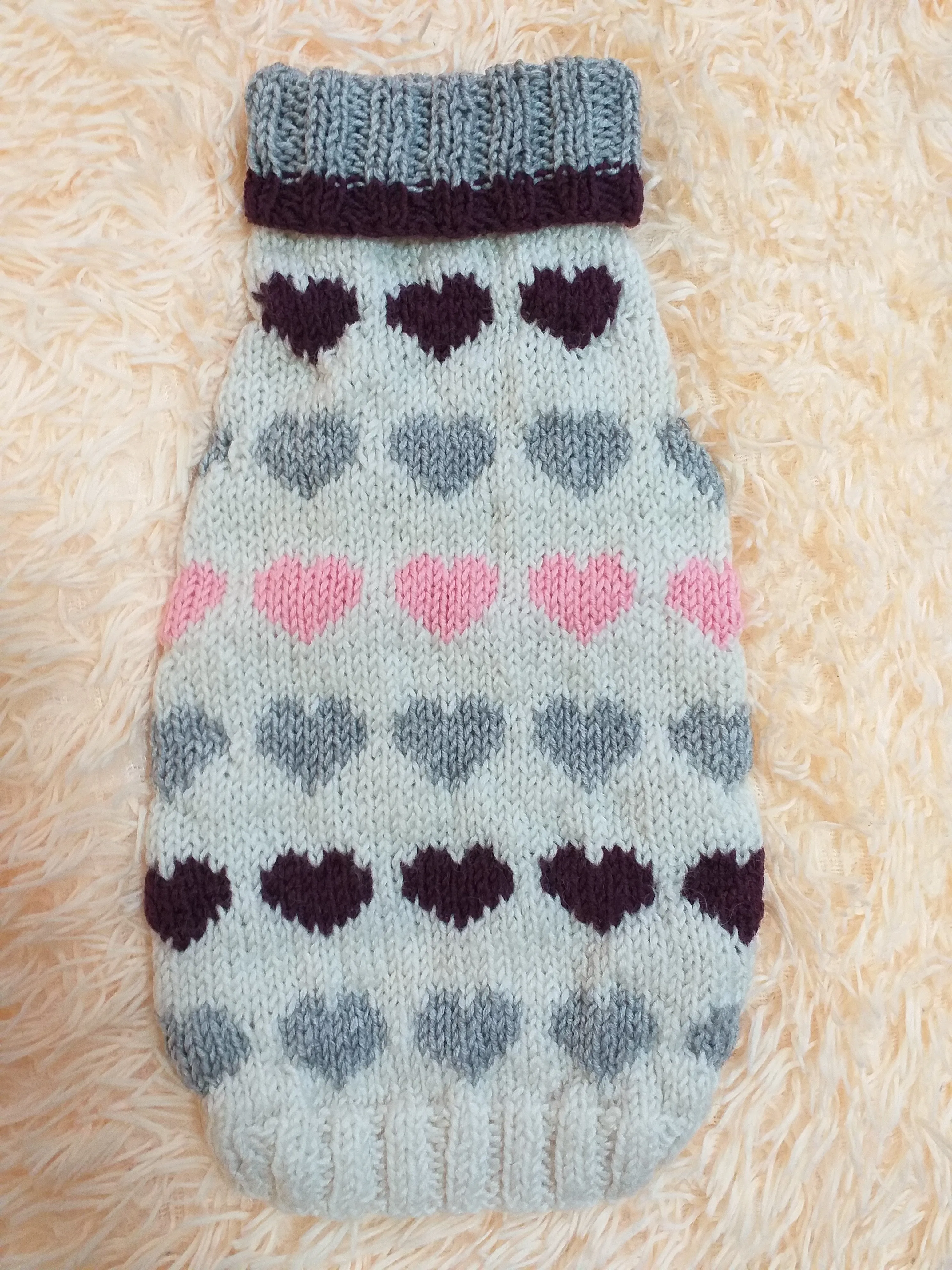 Size L sweater with hearts for a dog, dachshund sweater knitted with hearts