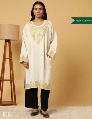 Snowflake White Zari Embroidered Pure Wool Phiran