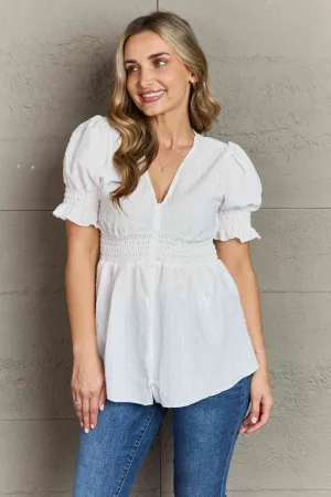 Sweet Serenity  Full Size V-Neck Puff Sleeve Button Down Top