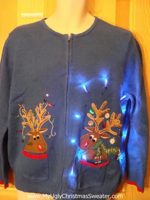 Tacky Blue Light Up Christmas Sweater Two Crazy Reindeer