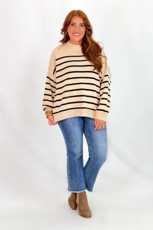 Taupe and Black Oversized Striped Long Sleeve Sweater