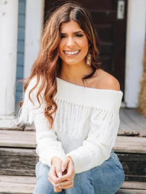 Total Frill Off the Shoulder Fringe Sweater in White