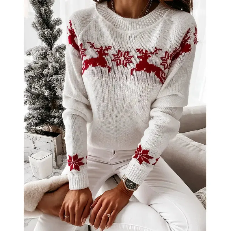 Wenkouban-Christmas Thanksgiving outfits_Casual Long Sleeve O-Neck Pullover Deer Knitted Christmas Sweater