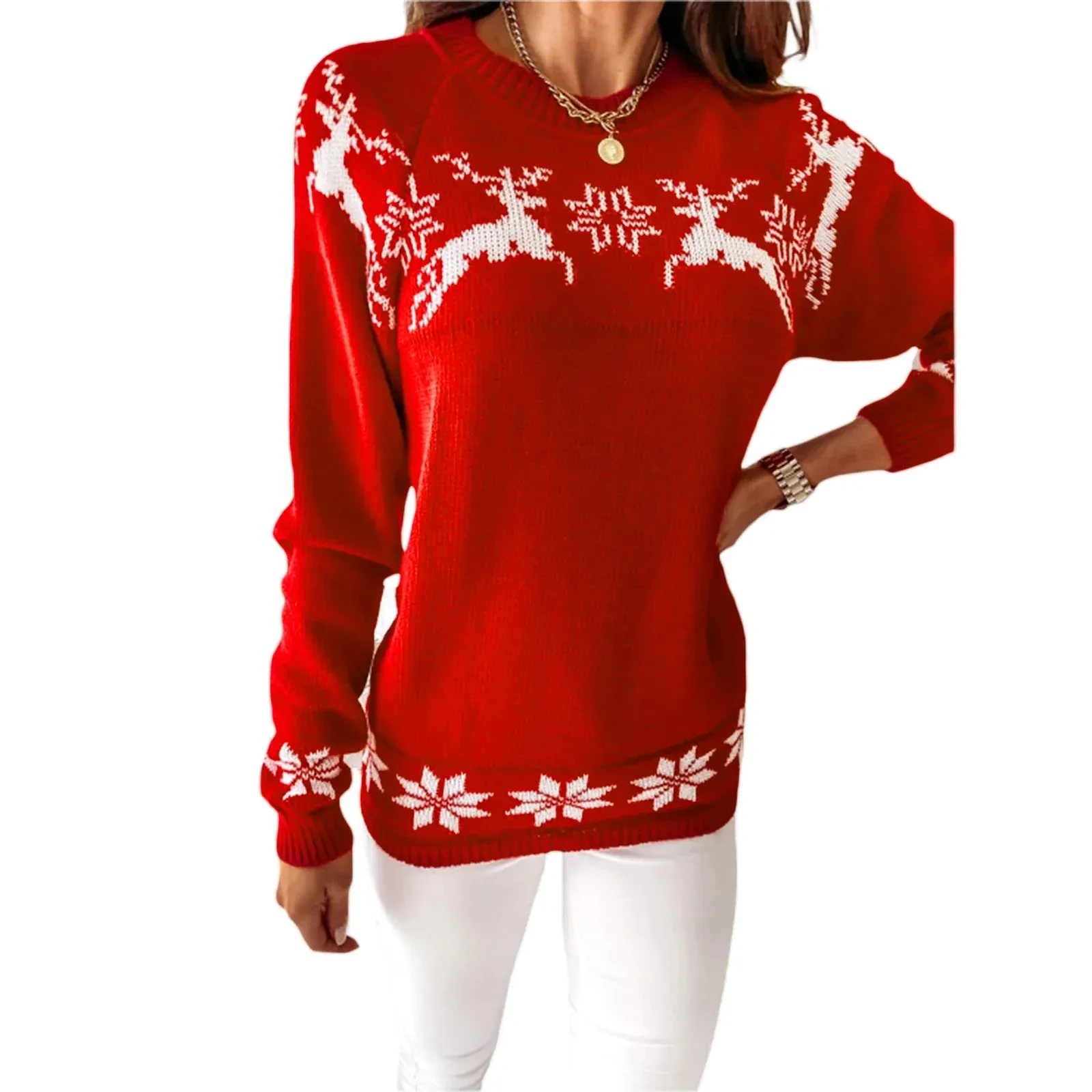 Wenkouban-Christmas Thanksgiving outfits_Casual Long Sleeve O-Neck Pullover Deer Knitted Christmas Sweater