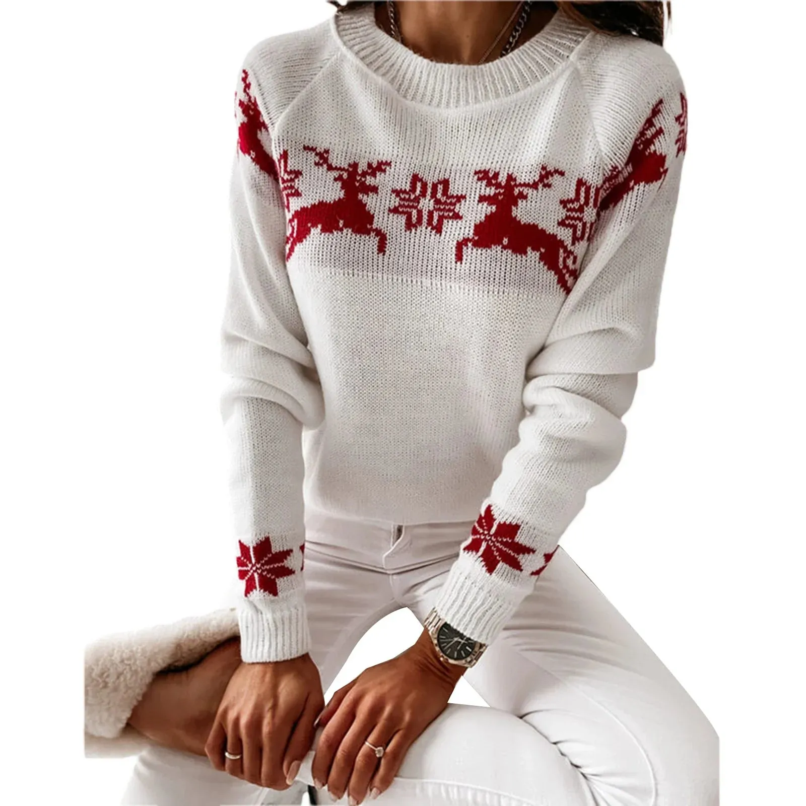 Wenkouban-Christmas Thanksgiving outfits_Casual Long Sleeve O-Neck Pullover Deer Knitted Christmas Sweater