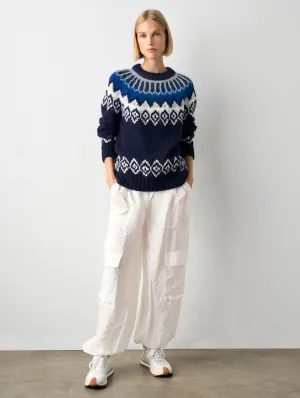 White   Warren - Plush Alpaca Blend Faire Isle Crewneck in Dark Blue Combo