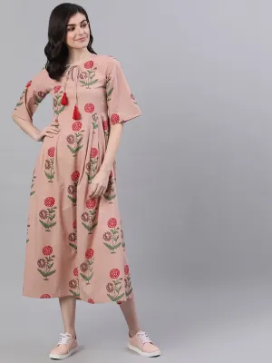 Women Dusty Pink Floral Printed Tie-Up Neck Cotton Maxi Dress