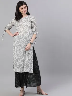 Women White Calf Length Three-Quarter Sleeves Straight Floral Printed Cotton Kurta